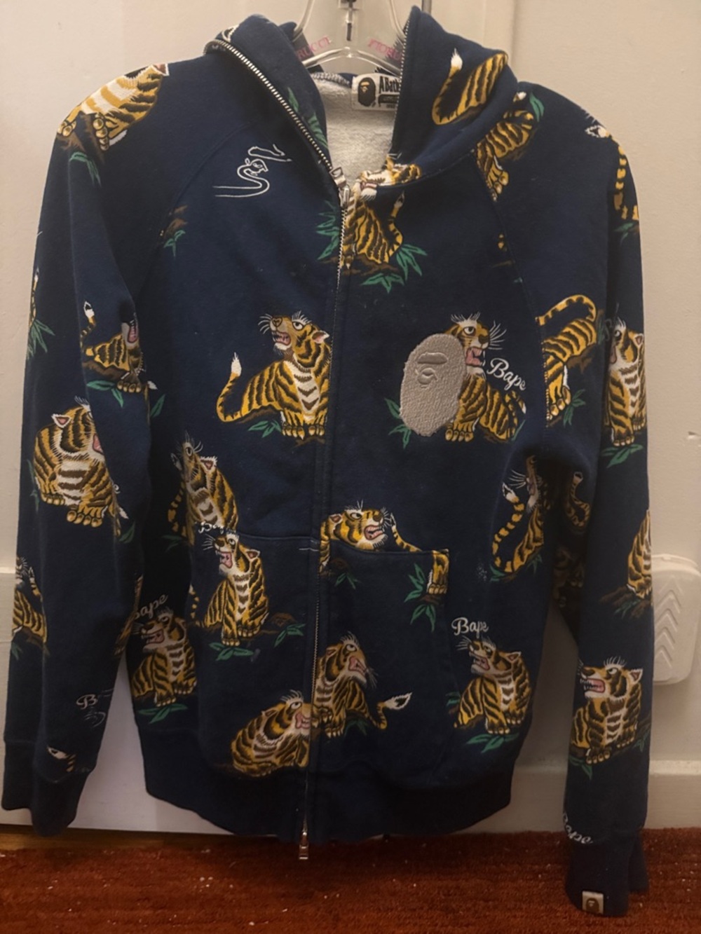 Authentic Bape Navy Zip Hoodie with All-Over Yellow Tiger Print